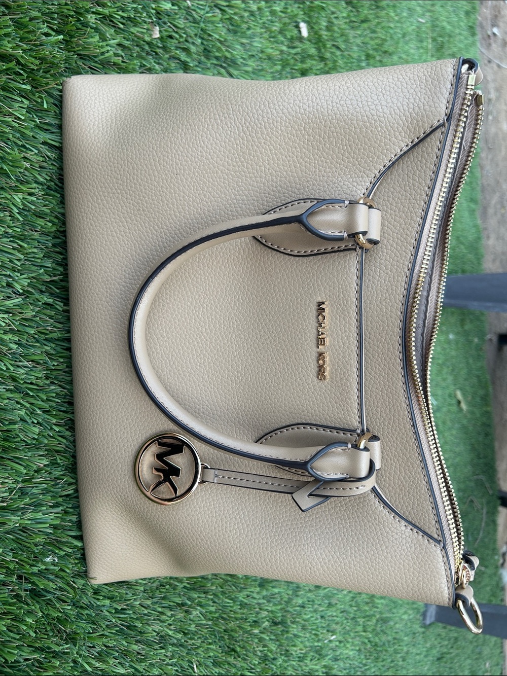 Michael Kors Taupe Pebble Leather Satchel with Gold Accent